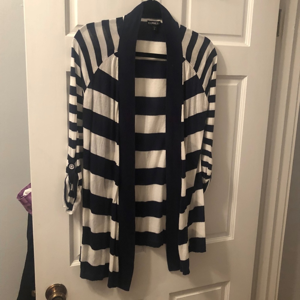 Express Navy and White Striped Open Cardigan